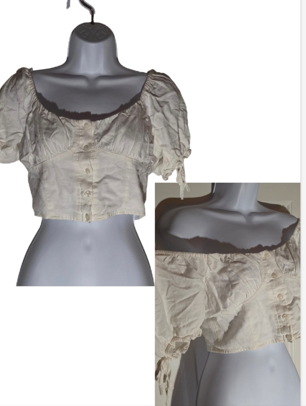 Forever 21 Cream Puff-Sleeve Button Crop Top Off Shoulder Button Down Shirt